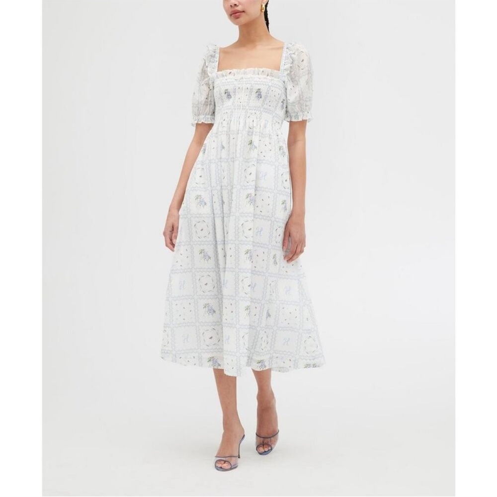 Hill House White Eyelet Midi Dress with Subtle Floral Print